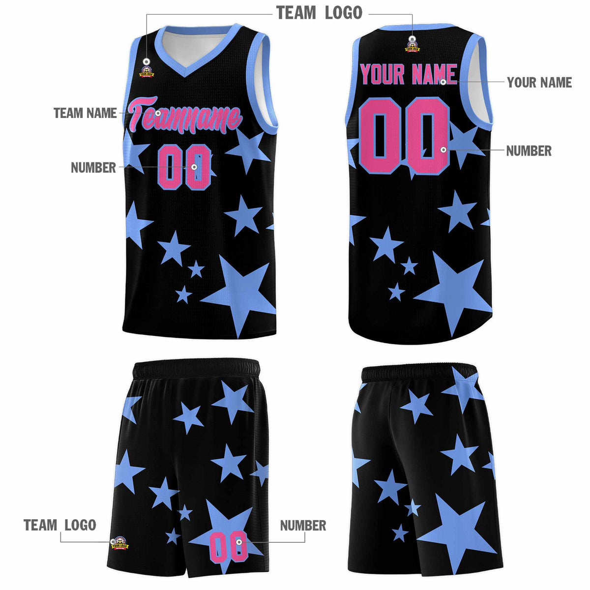 Custom Black Light Blue Graffiti Pattern Star Print Basketball Jersey Sets