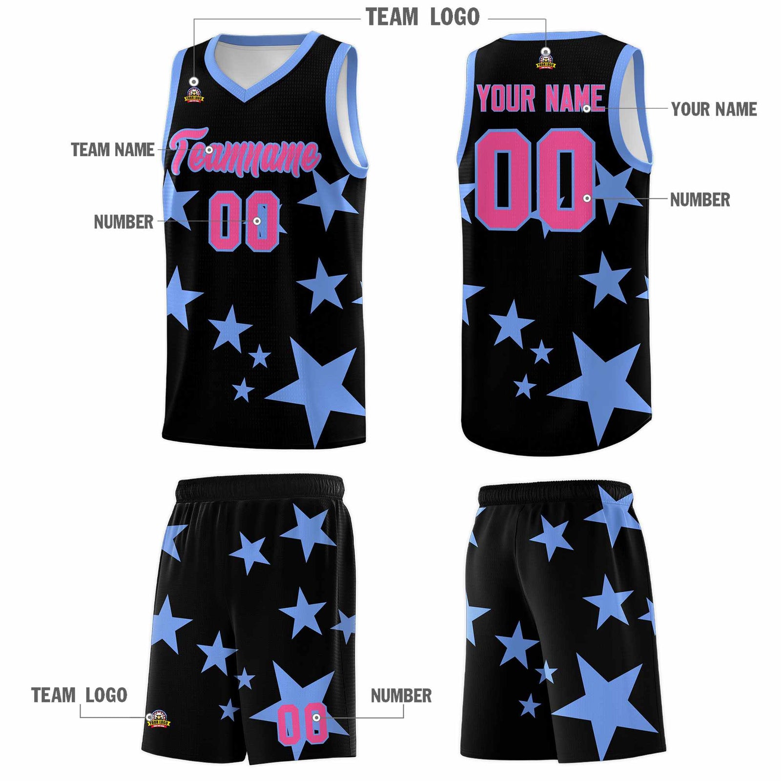 Custom Black Light Blue Graffiti Pattern Star Print Basketball Jersey Sets