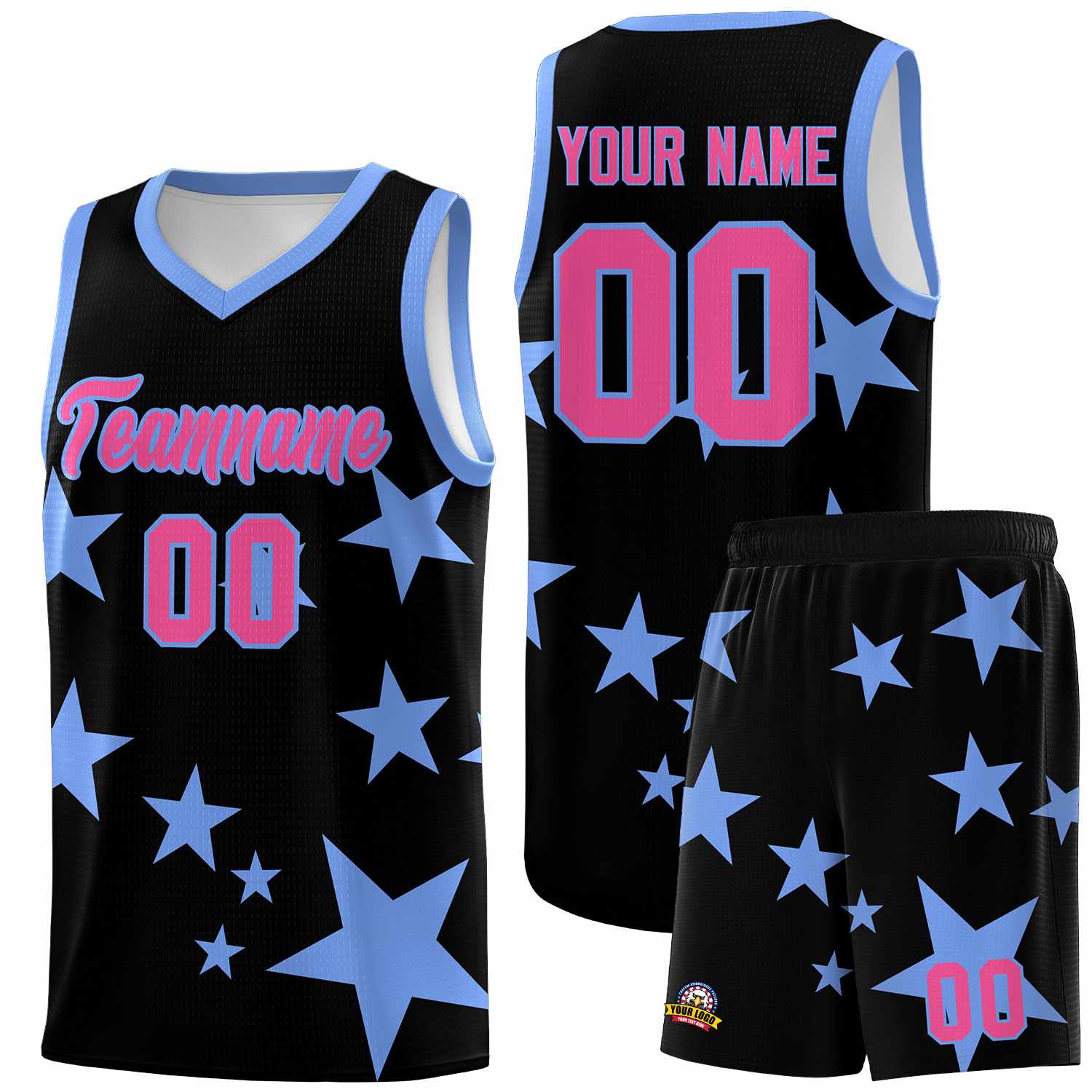 Custom Black Light Blue Graffiti Pattern Star Print Basketball Jersey Sets