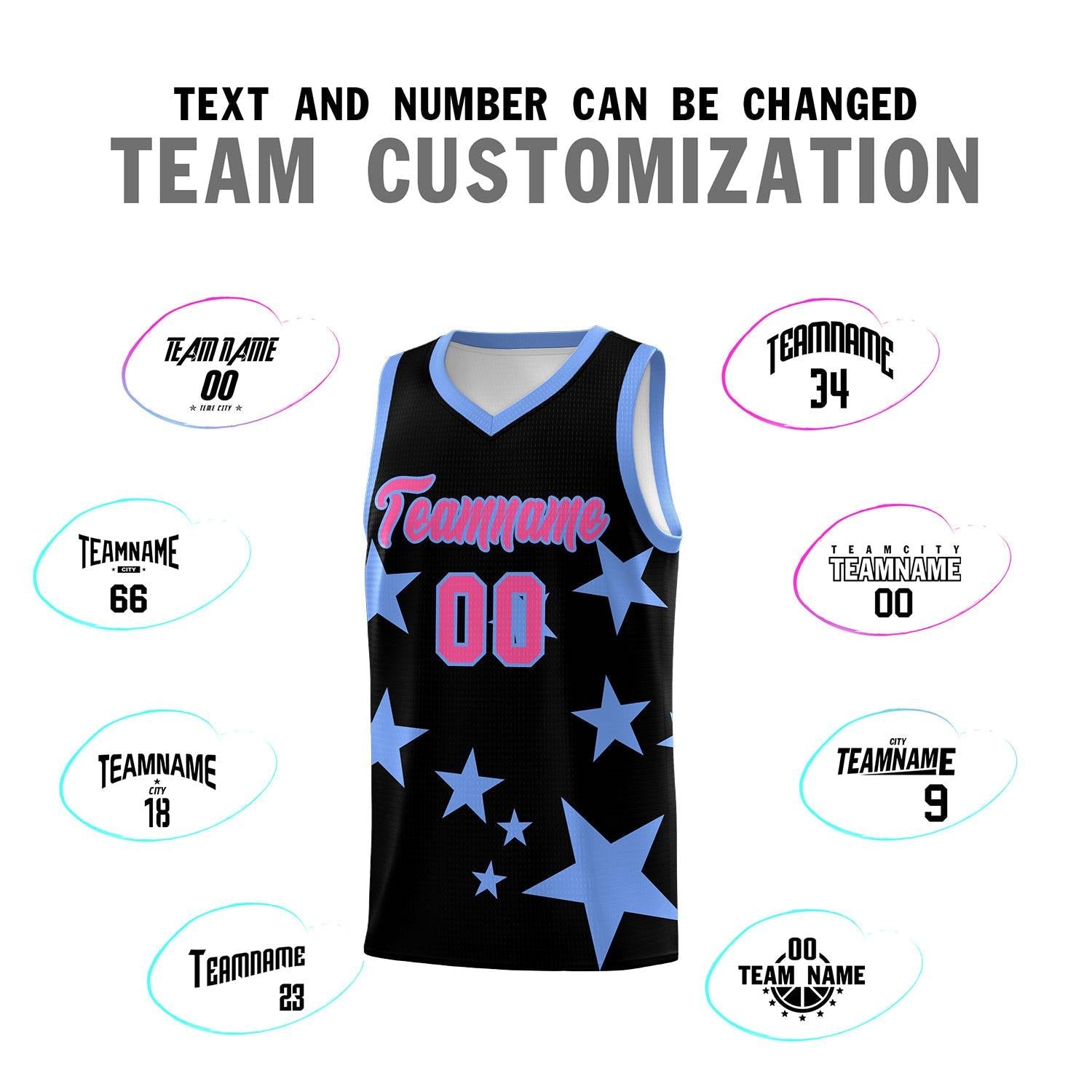 Custom Black Light Blue Graffiti Pattern Star Print Basketball Jersey Sets