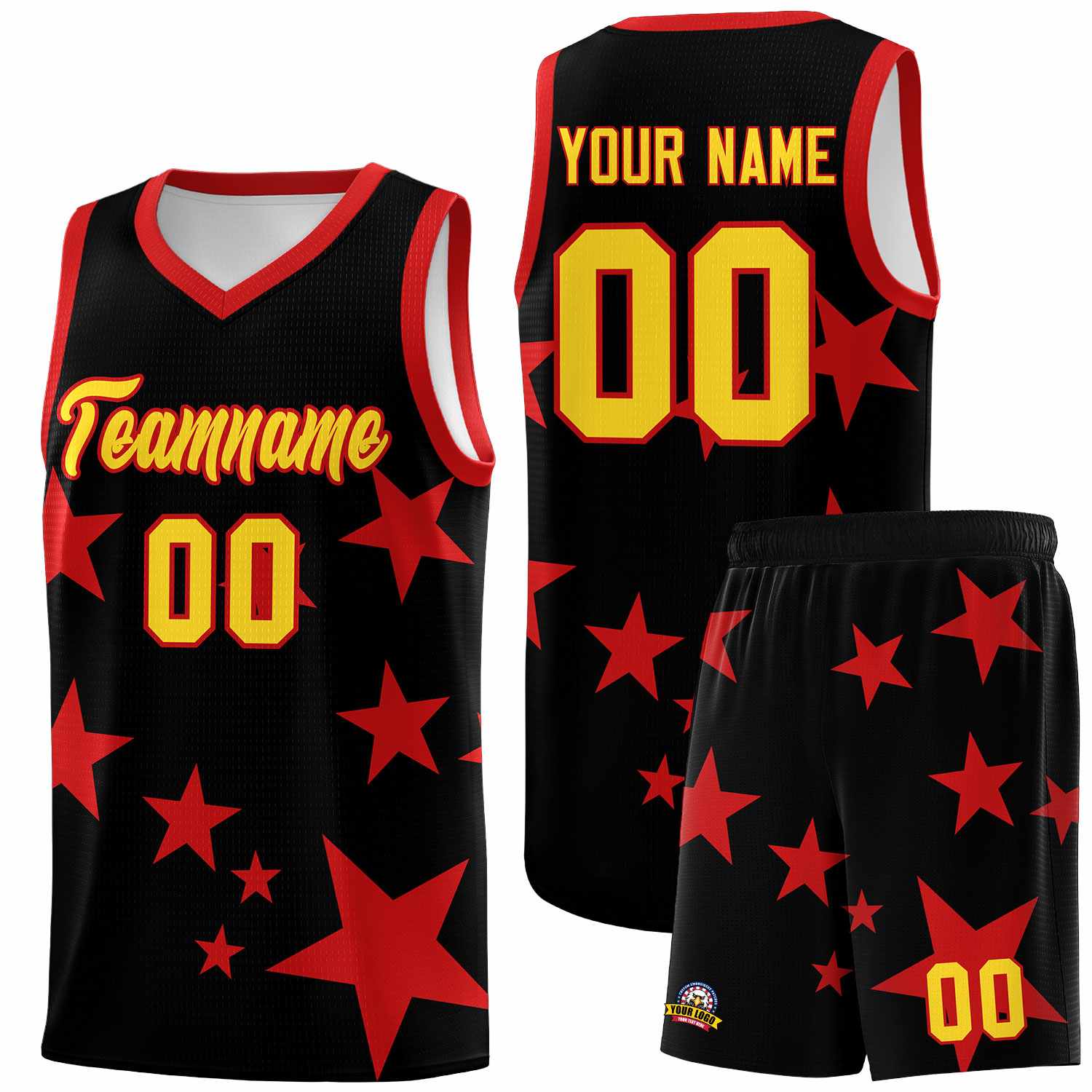 Custom Black Red Graffiti Pattern Star Print Basketball Jersey Sets