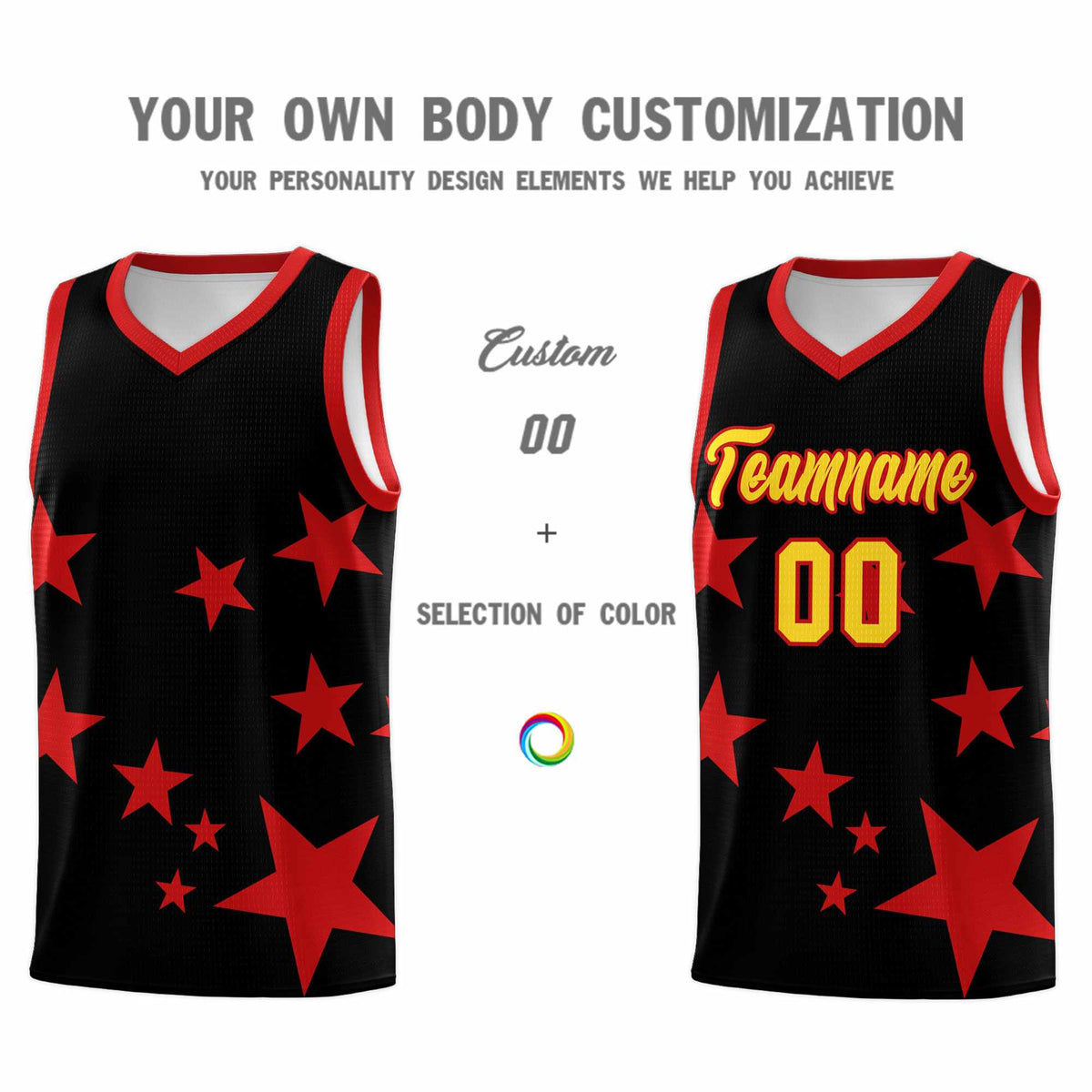 Custom Black Red Graffiti Pattern Star Print Basketball Jersey Sets