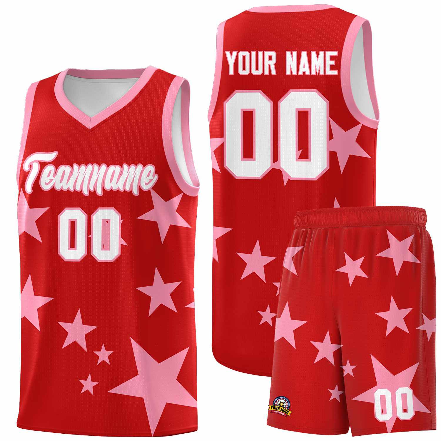 Custom Red Light Pink Graffiti Pattern Star Print Basketball Jersey Sets