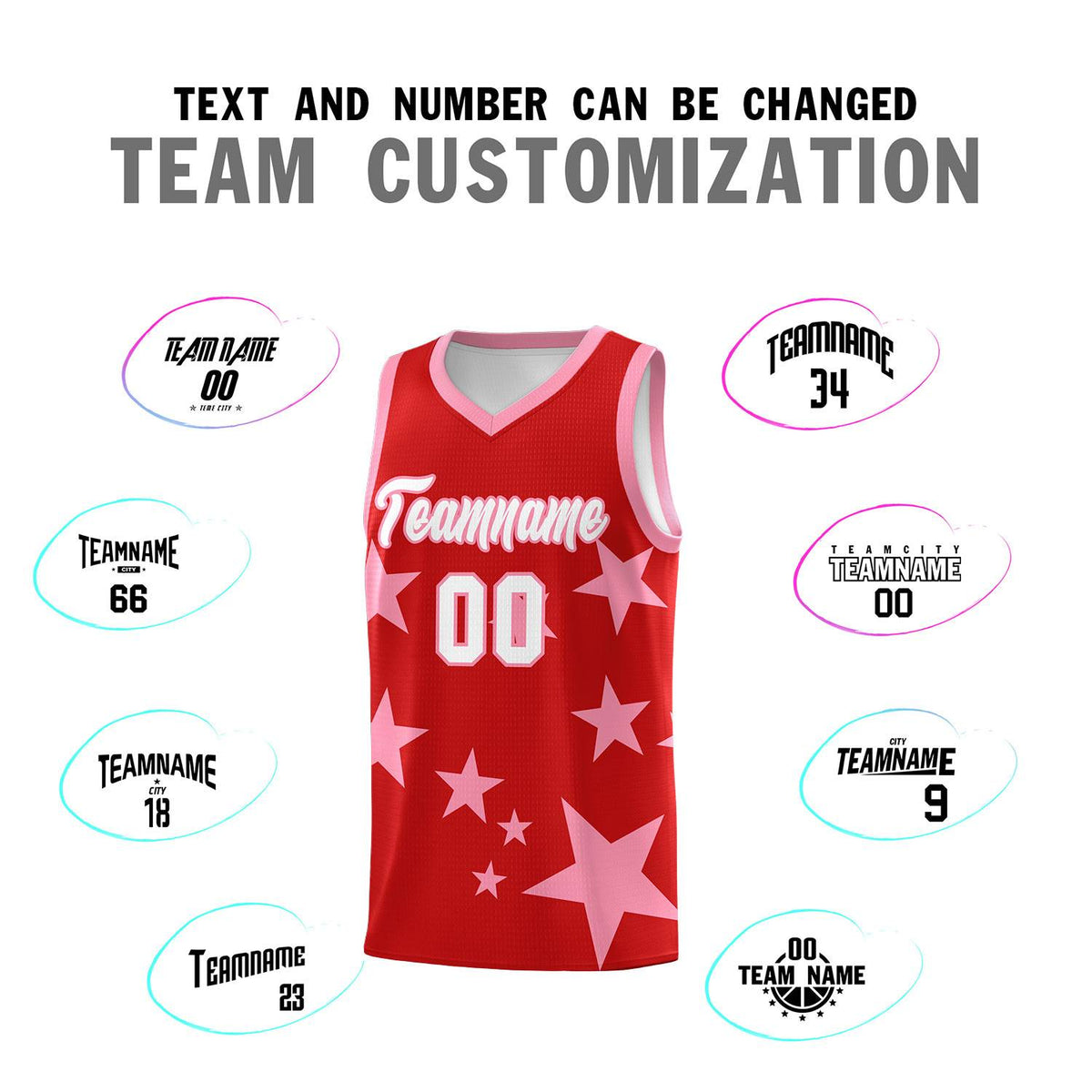 Custom Red Light Pink Graffiti Pattern Star Print Basketball Jersey Sets