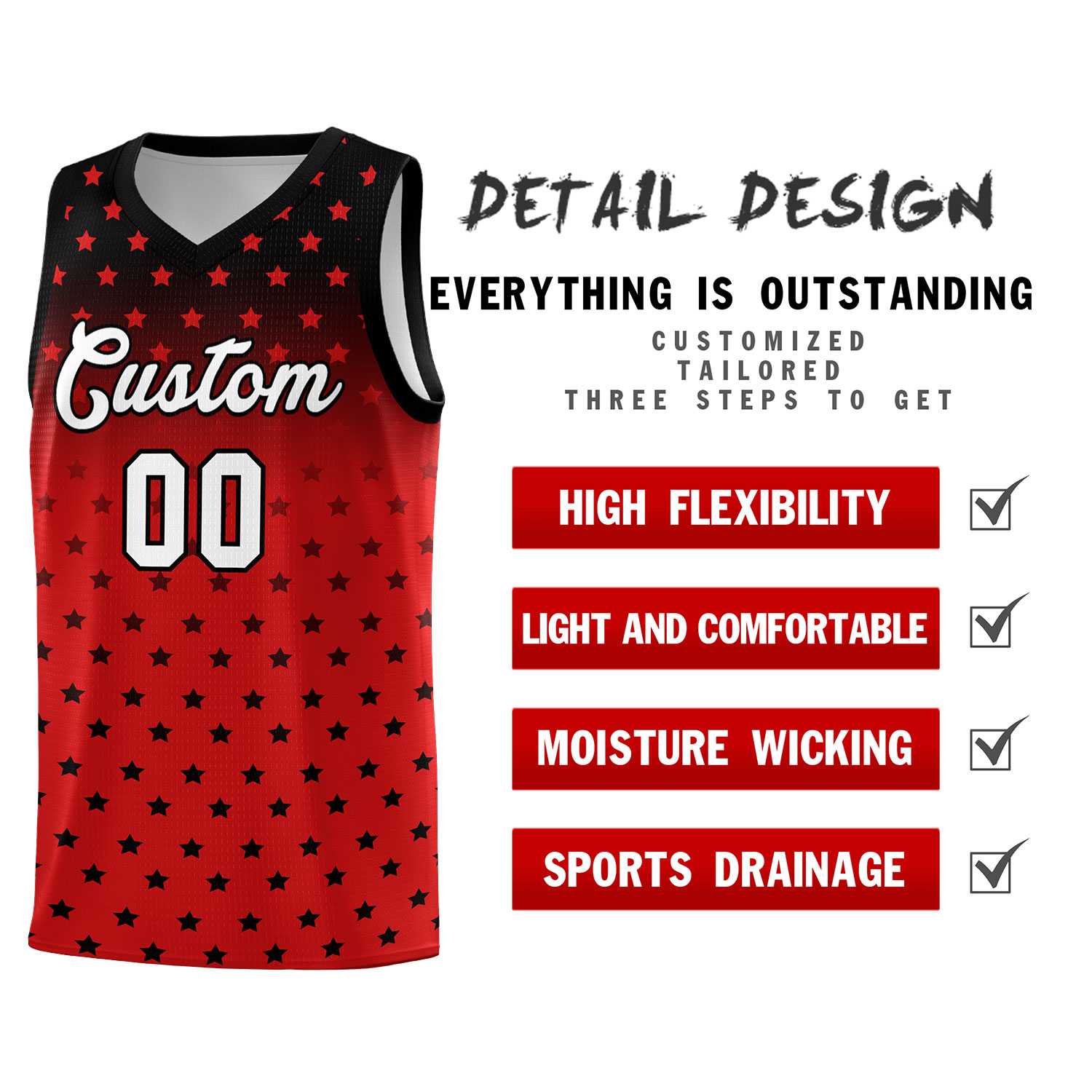 Custom Black Red Gradient Start Pattern Basketball Jersey Sets