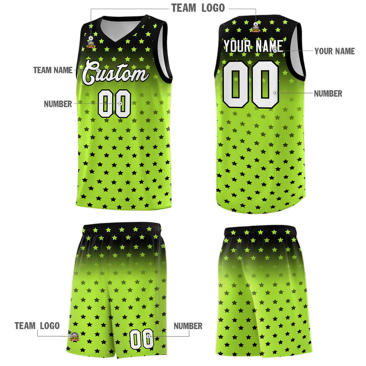 Custom Black Light Green Gradient Start Pattern Basketball Jersey Sets