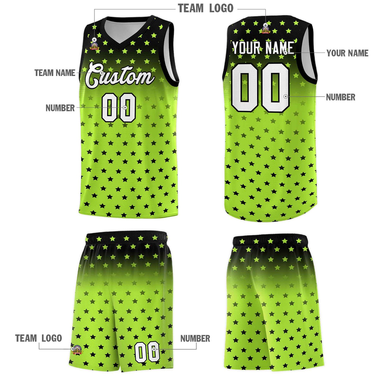 Custom Black Light Green Gradient Start Pattern Basketball Jersey Sets