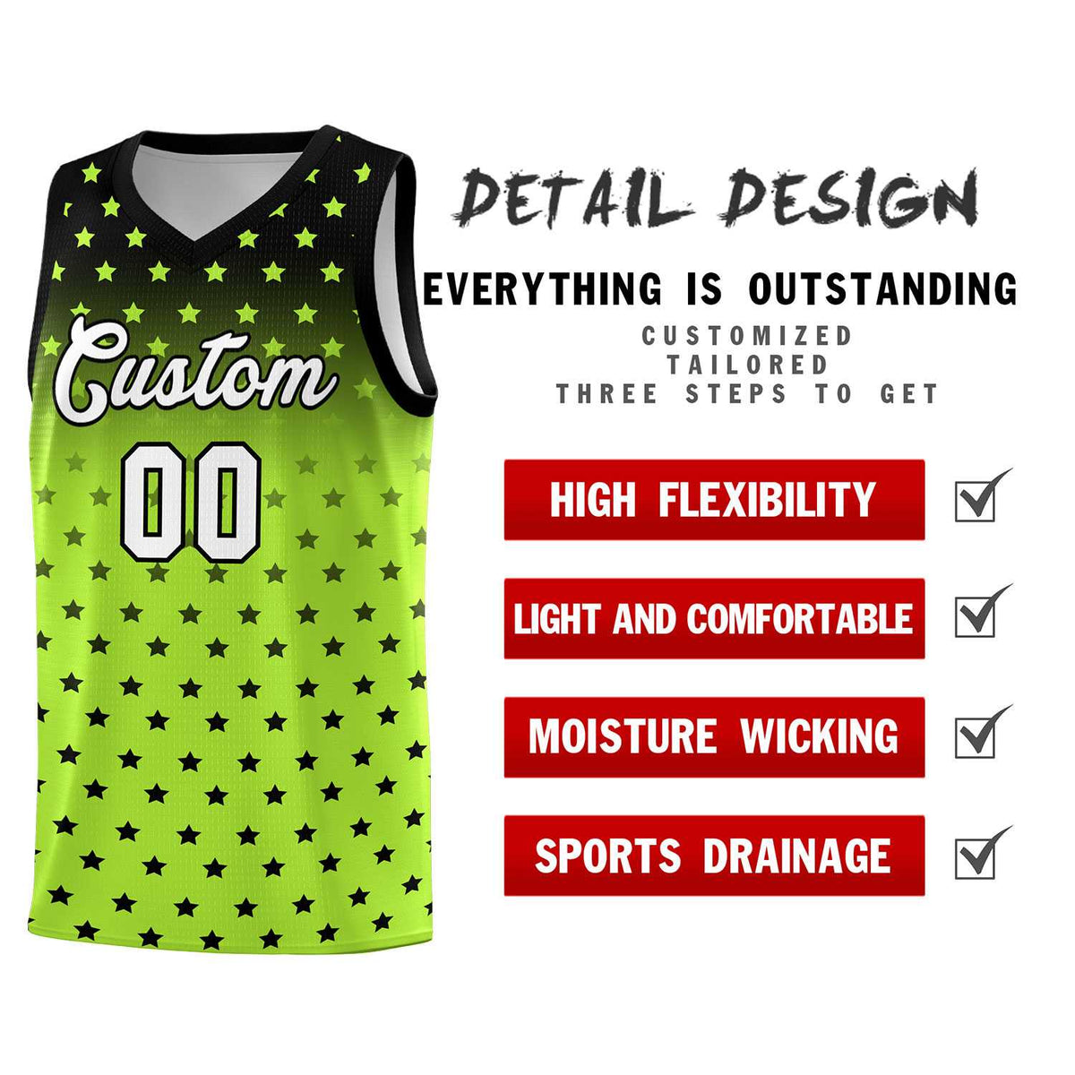 Custom Black Light Green Gradient Start Pattern Basketball Jersey Sets