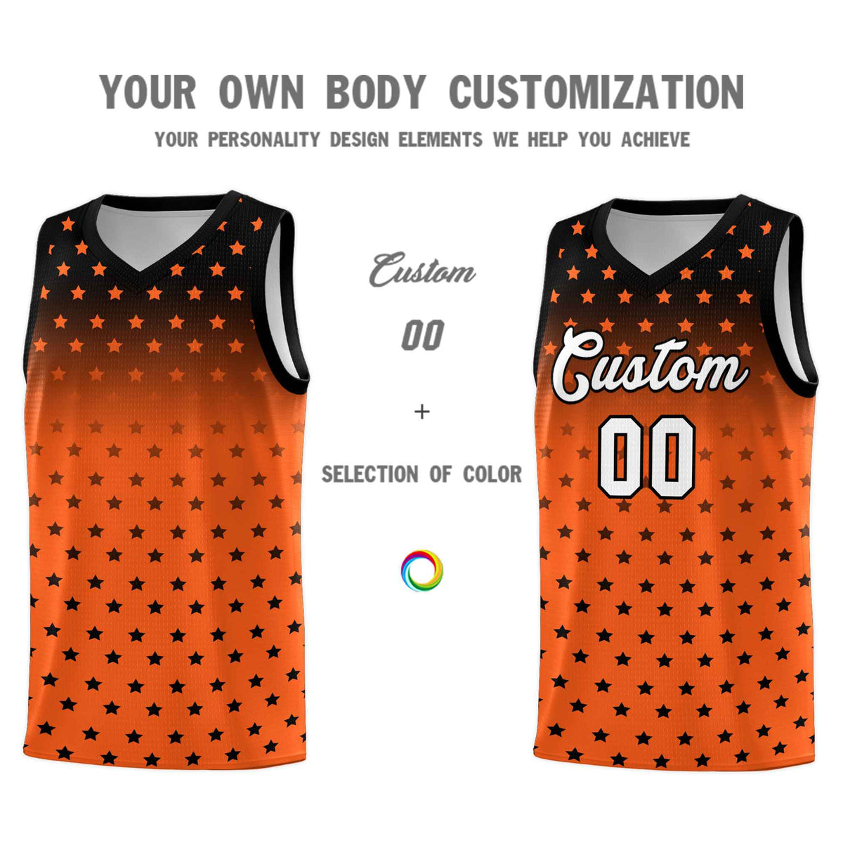 Custom Black Orange Gradient Start Pattern Basketball Jersey Sets