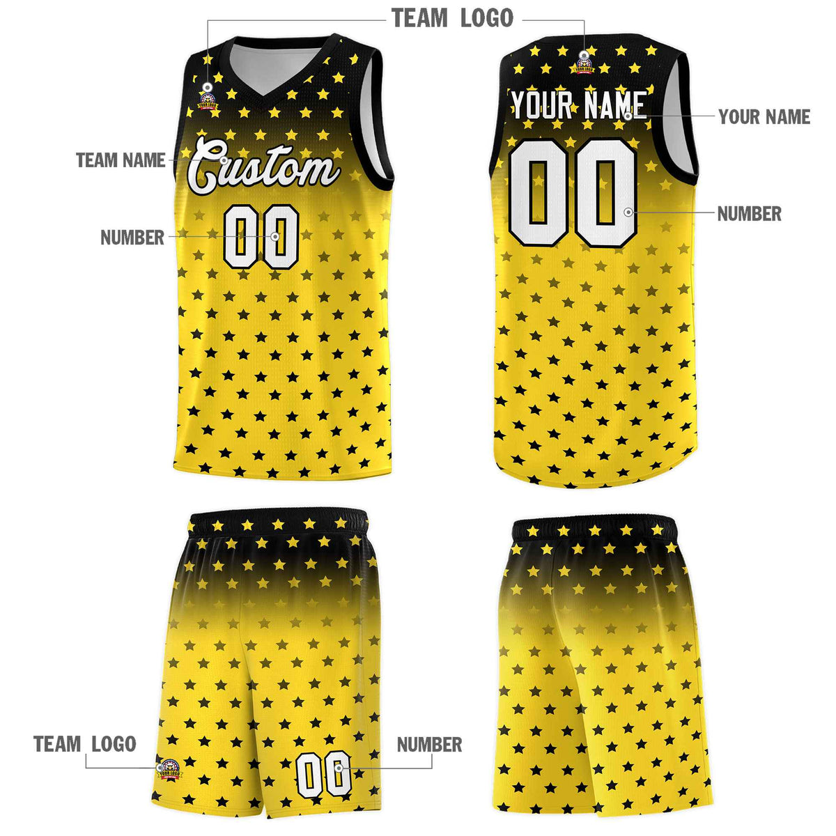 Custom Black Gold Gradient Start Pattern Basketball Jersey Sets