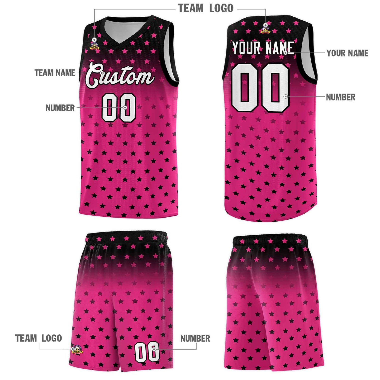 Custom Black Pink Gradient Start Pattern Basketball Jersey Sets
