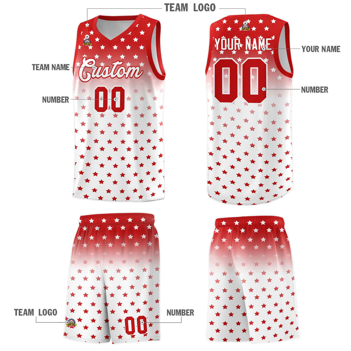 Custom Red White Gradient Start Pattern Basketball Jersey Sets