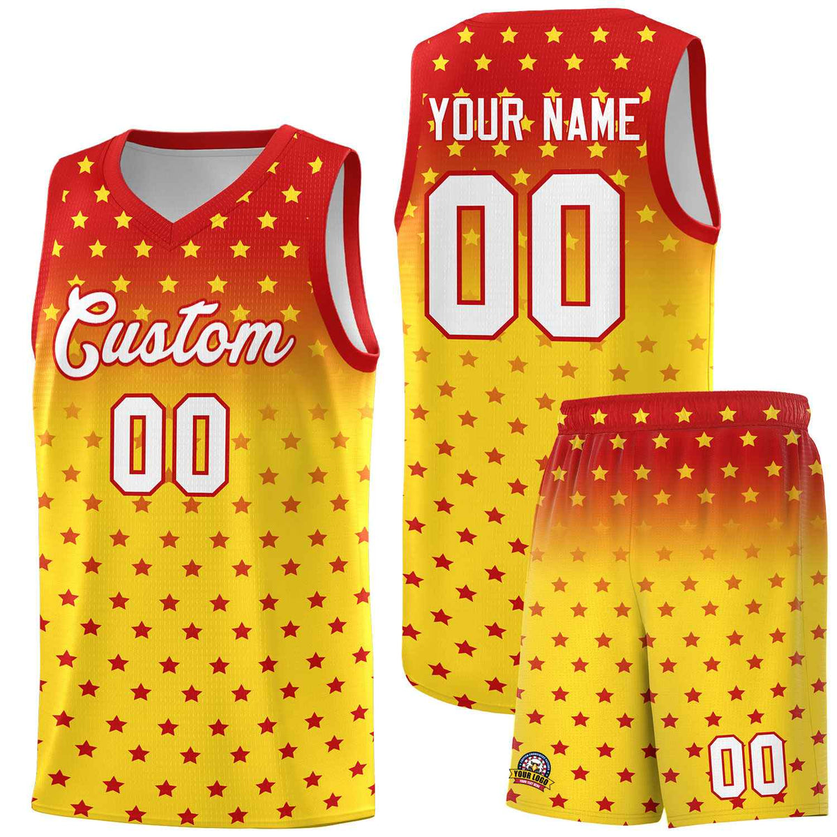 Custom Red Gold Gradient Start Pattern Basketball Jersey Sets