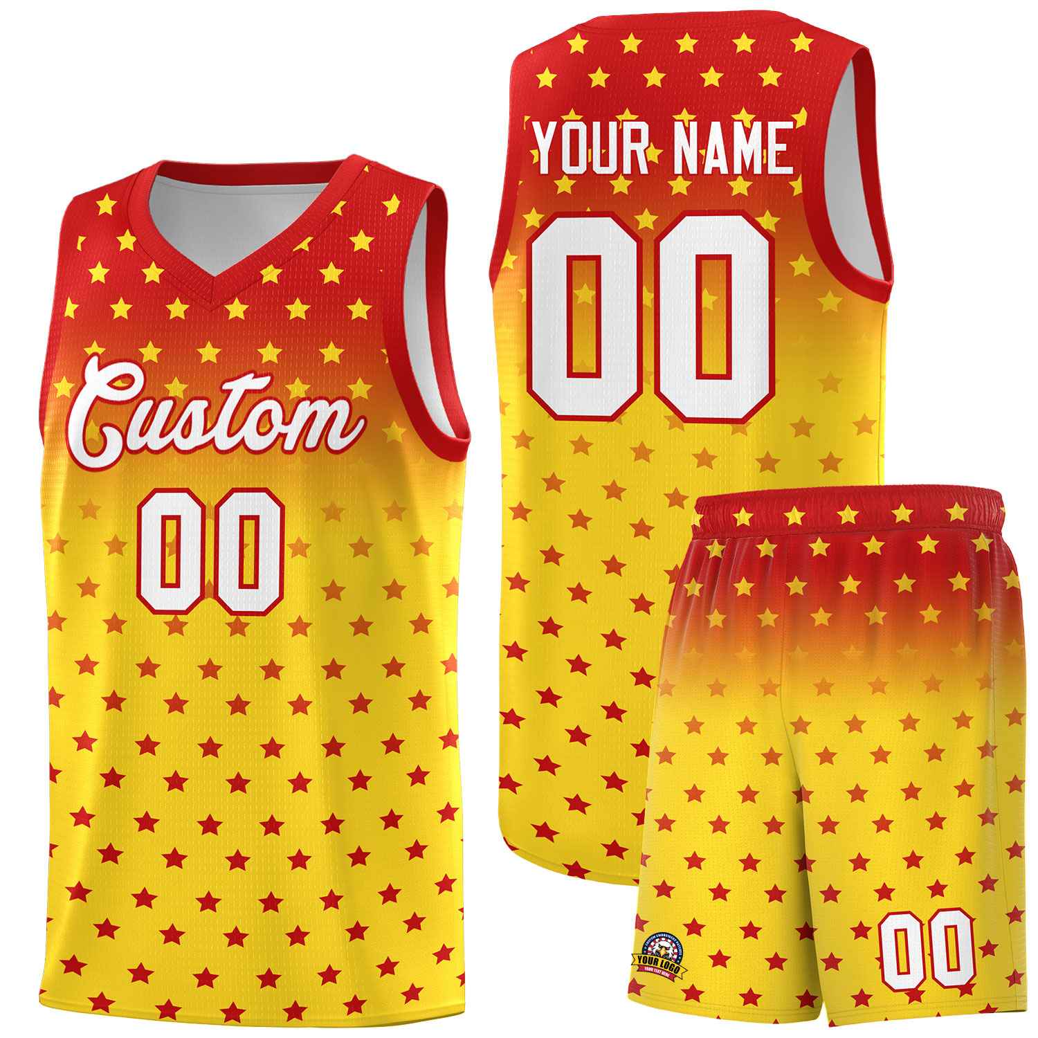Custom Red Gold Gradient Start Pattern Basketball Jersey Sets