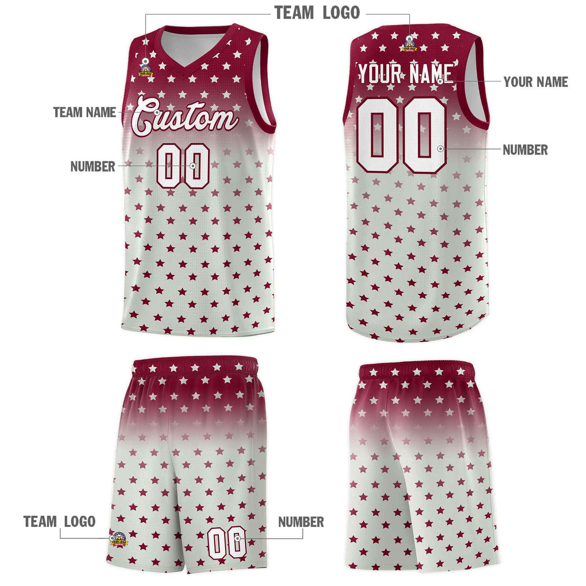 Custom Crimson Gray Gradient Start Pattern Basketball Jersey Sets