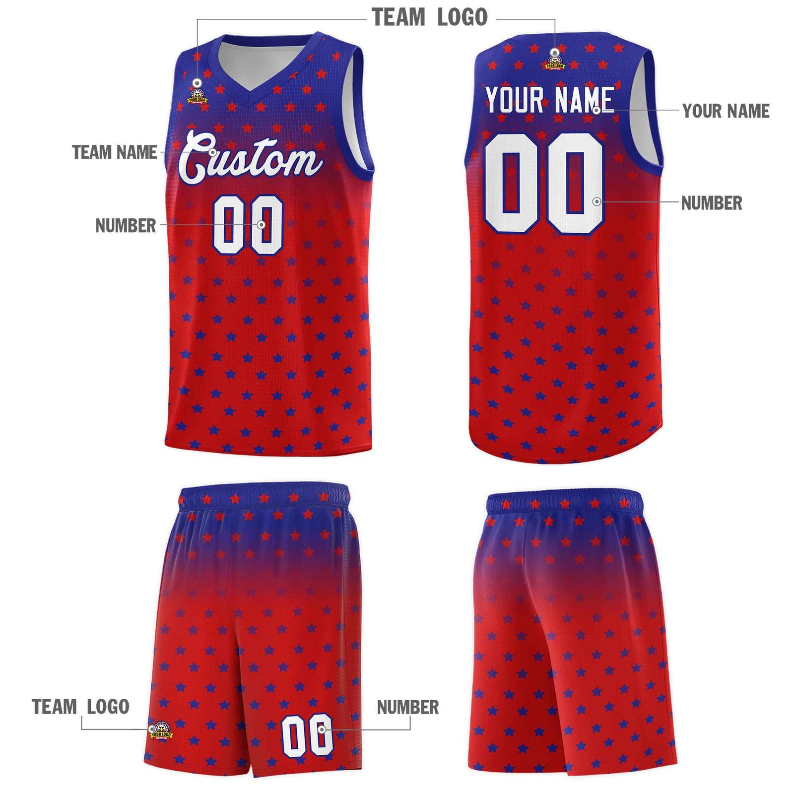 Custom Royal Red Gradient Start Pattern Basketball Jersey Sets