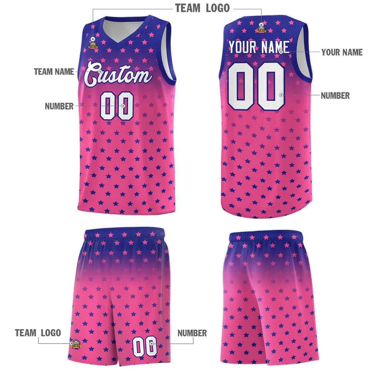 Custom Royal Pink Gradient Start Pattern Basketball Jersey Sets