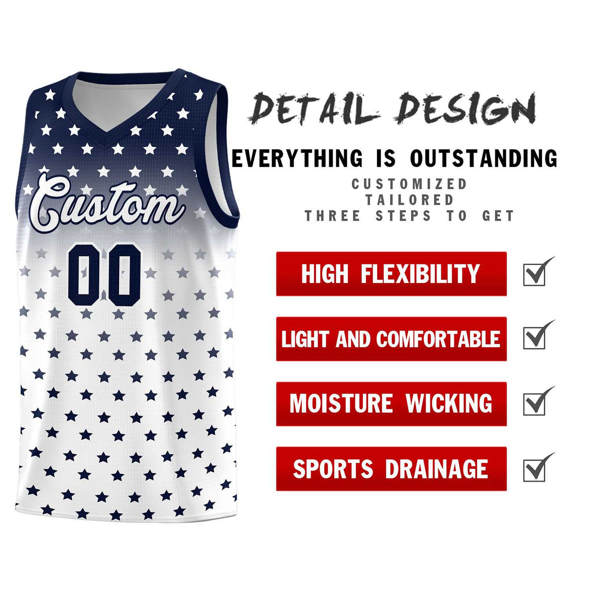 Custom Navy White Gradient Start Pattern Basketball Jersey Sets