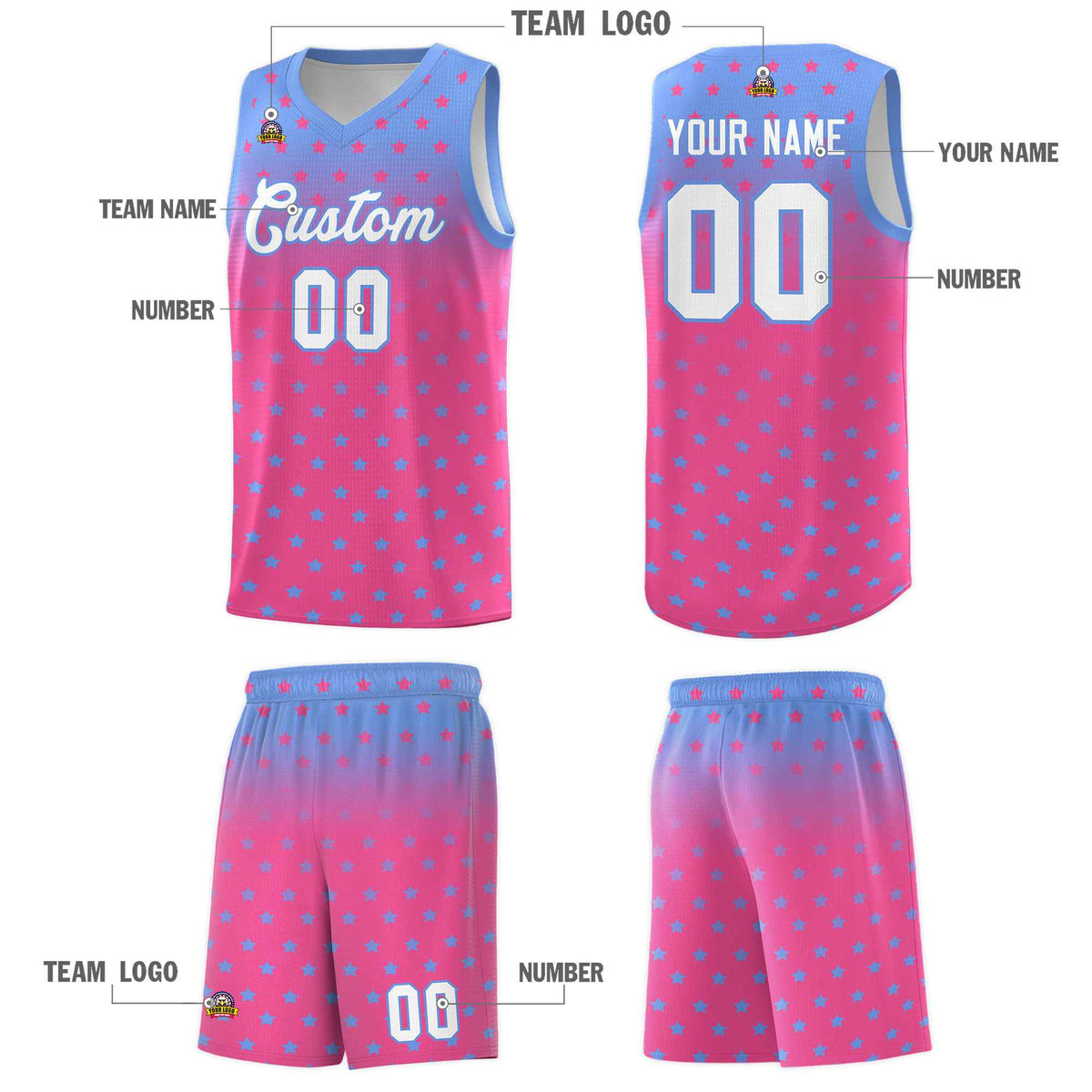 Custom Light Blue Pink Gradient Start Pattern Basketball Jersey Sets
