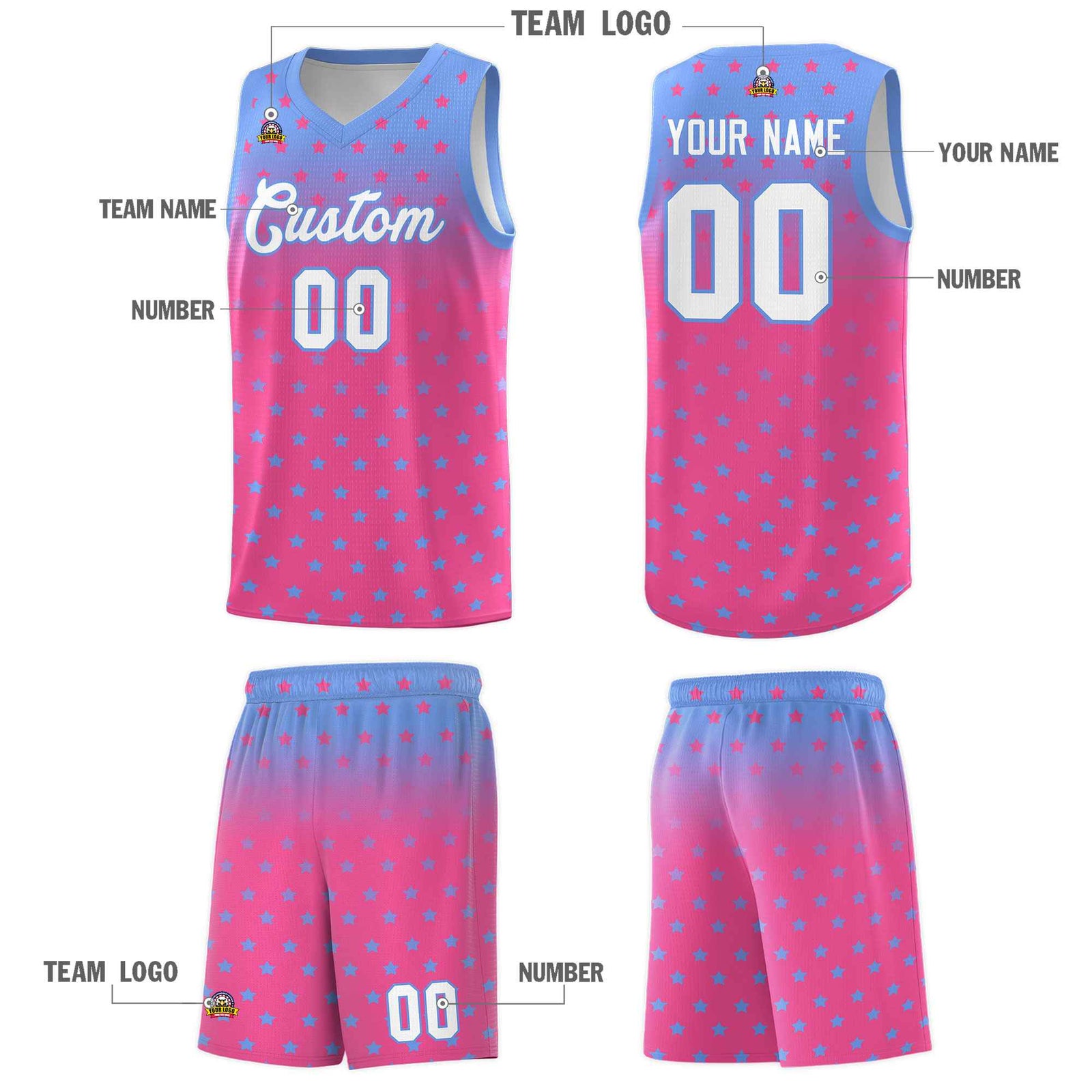 Custom Light Blue Pink Gradient Start Pattern Basketball Jersey Sets