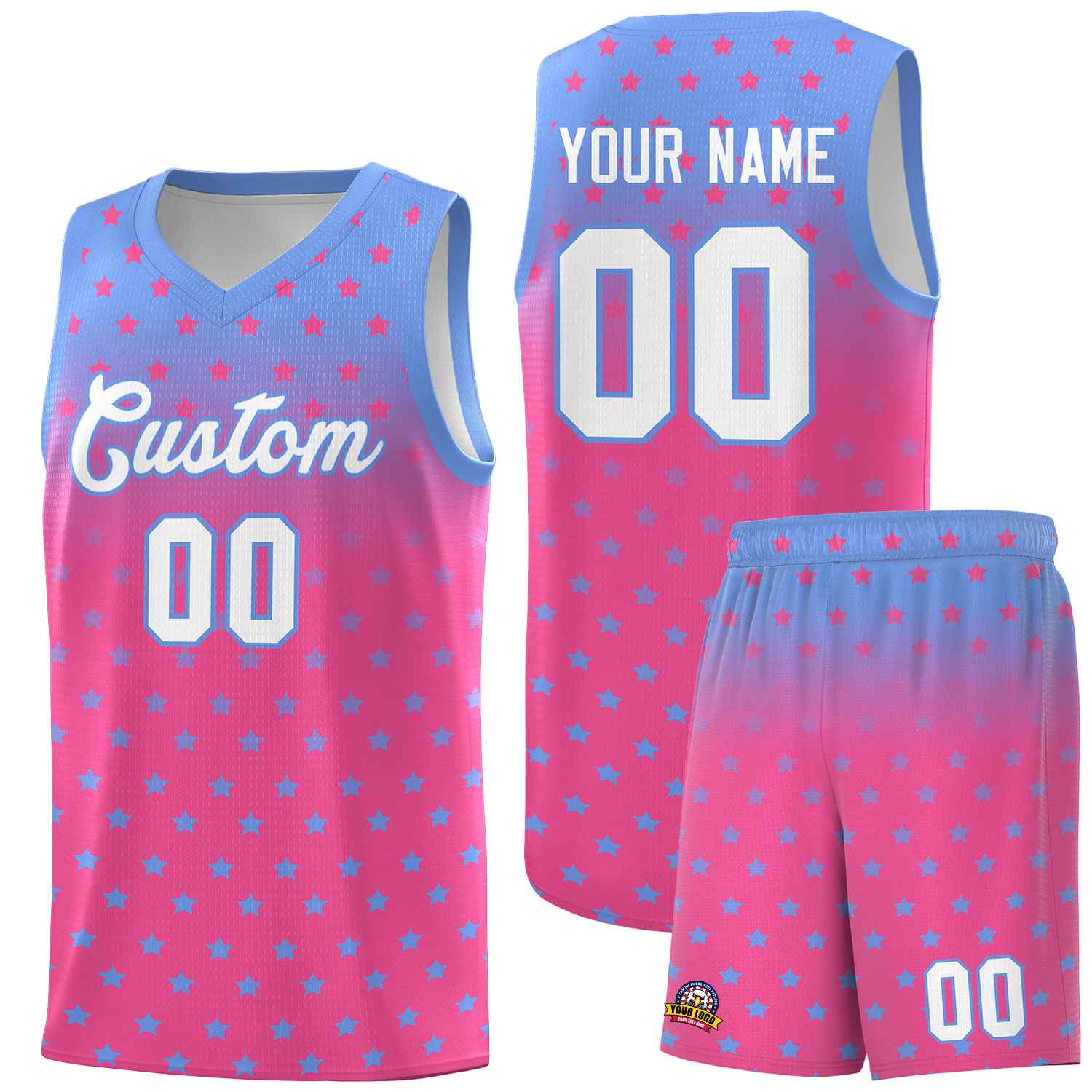 Custom Light Blue Pink Gradient Start Pattern Basketball Jersey Sets