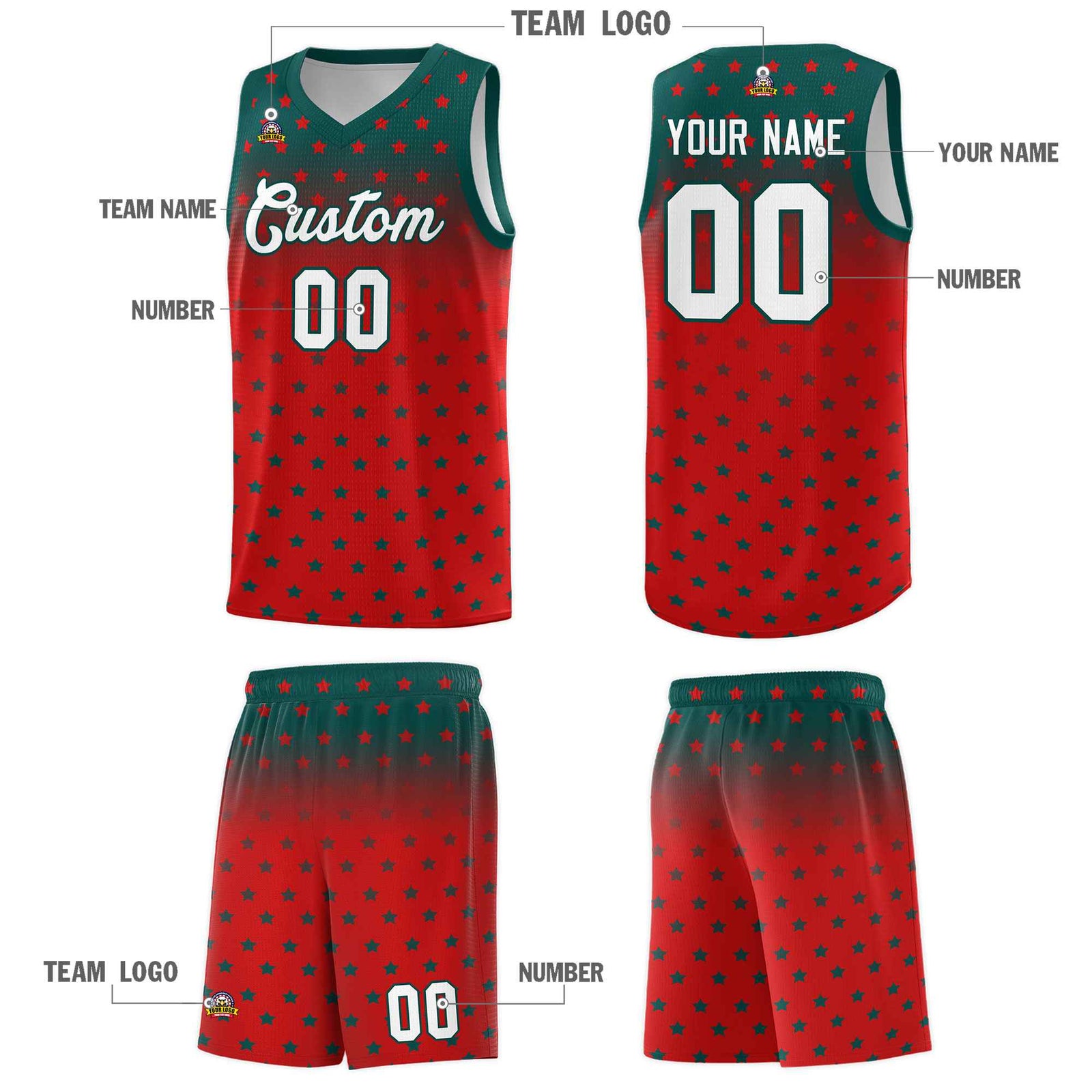 Custom Midnight Green Red Gradient Start Pattern Basketball Jersey Sets