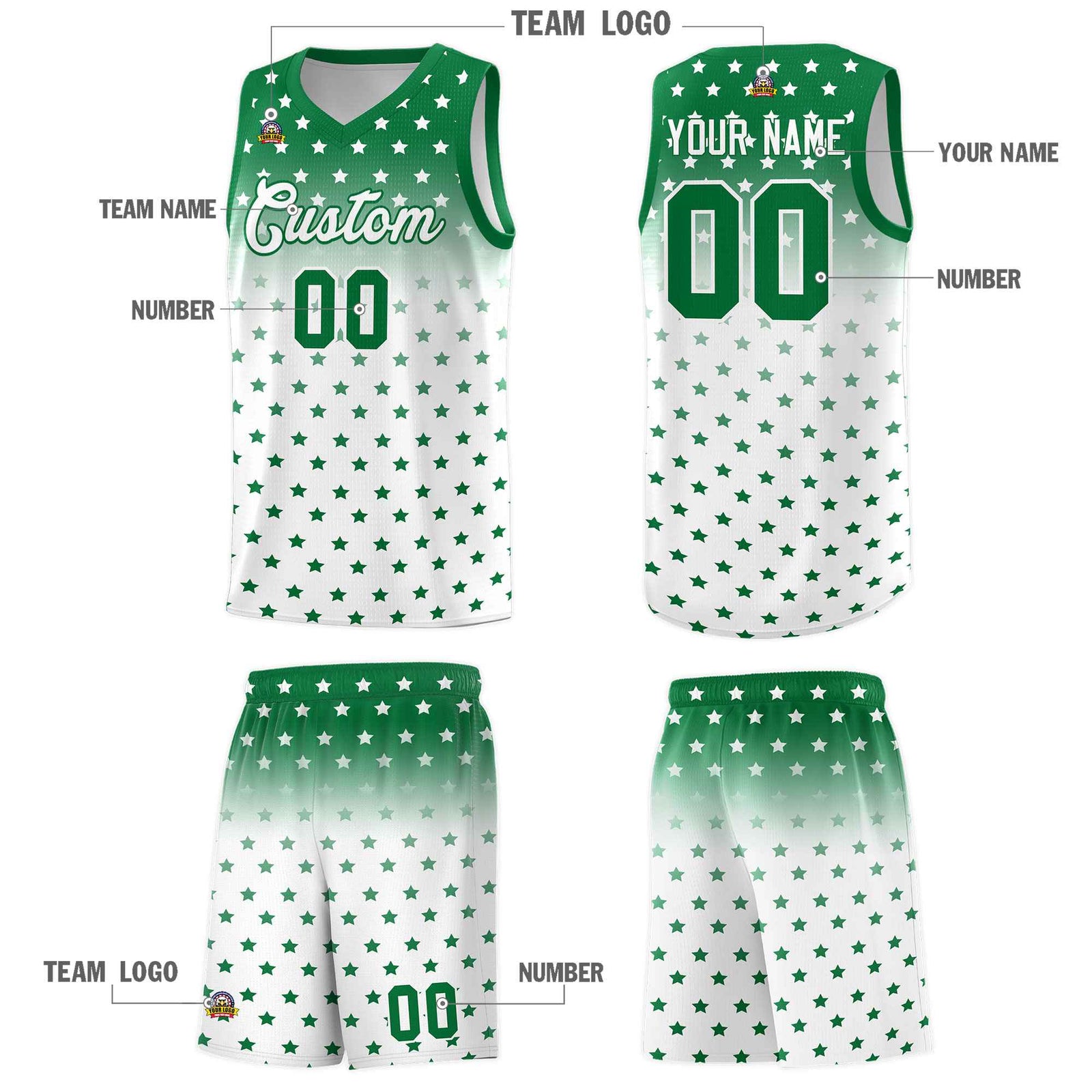 Custom Kelly Green White Gradient Start Pattern Basketball Jersey Sets