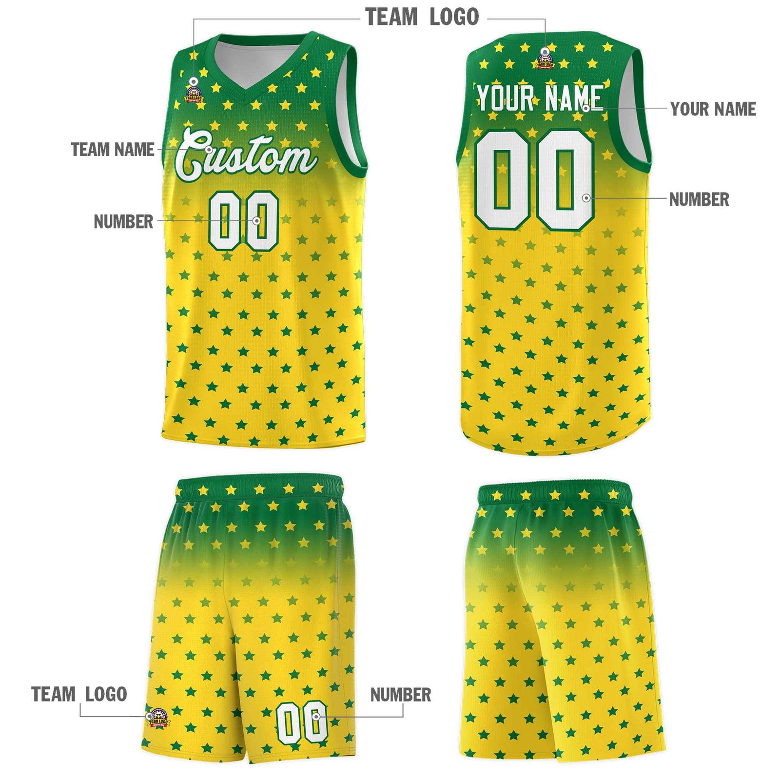 Custom Kelly Green Gold Gradient Start Pattern Basketball Jersey Sets