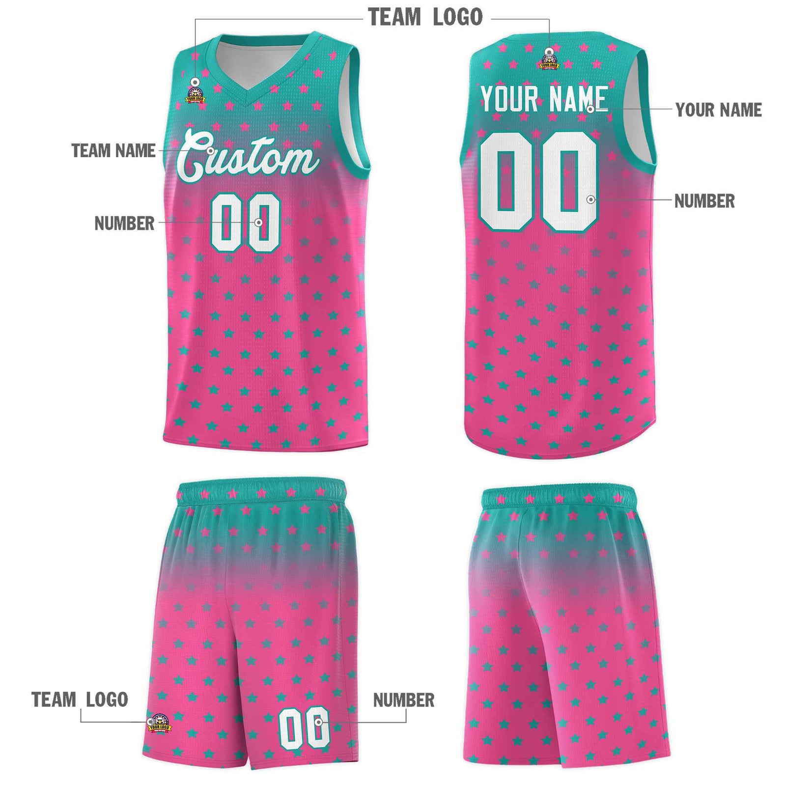 Custom Aqua Pink Gradient Start Pattern Basketball Jersey Sets