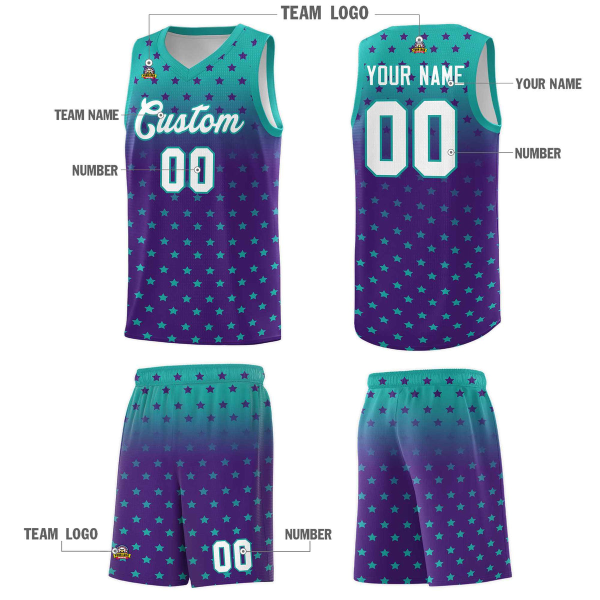 Custom Aqua Purple Gradient Start Pattern Basketball Jersey Sets