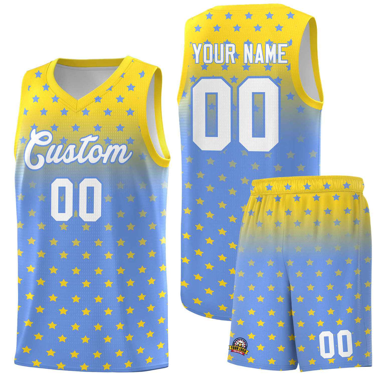 Custom Gold Light Blue Gradient Start Pattern Basketball Jersey Sets