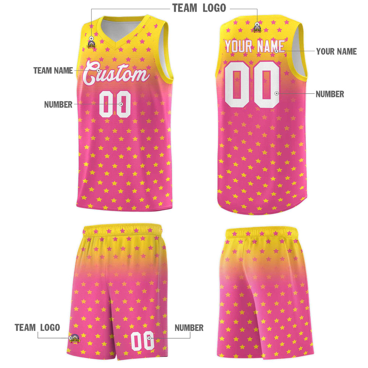 Custom Gold Pink Gradient Start Pattern Basketball Jersey Sets