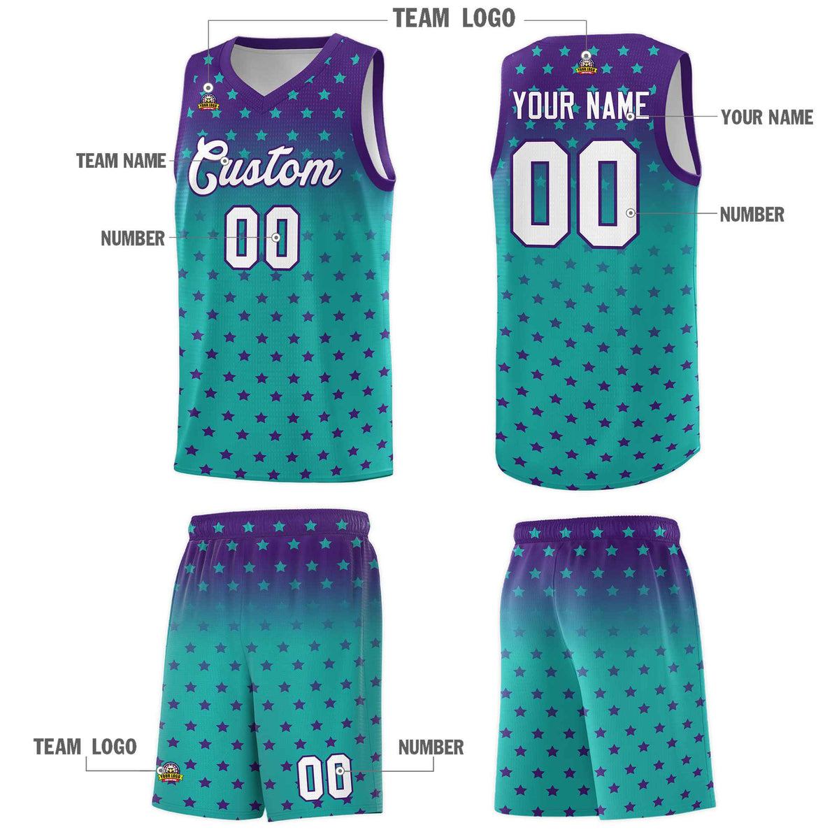Custom Purple Aqua Gradient Start Pattern Basketball Jersey Sets