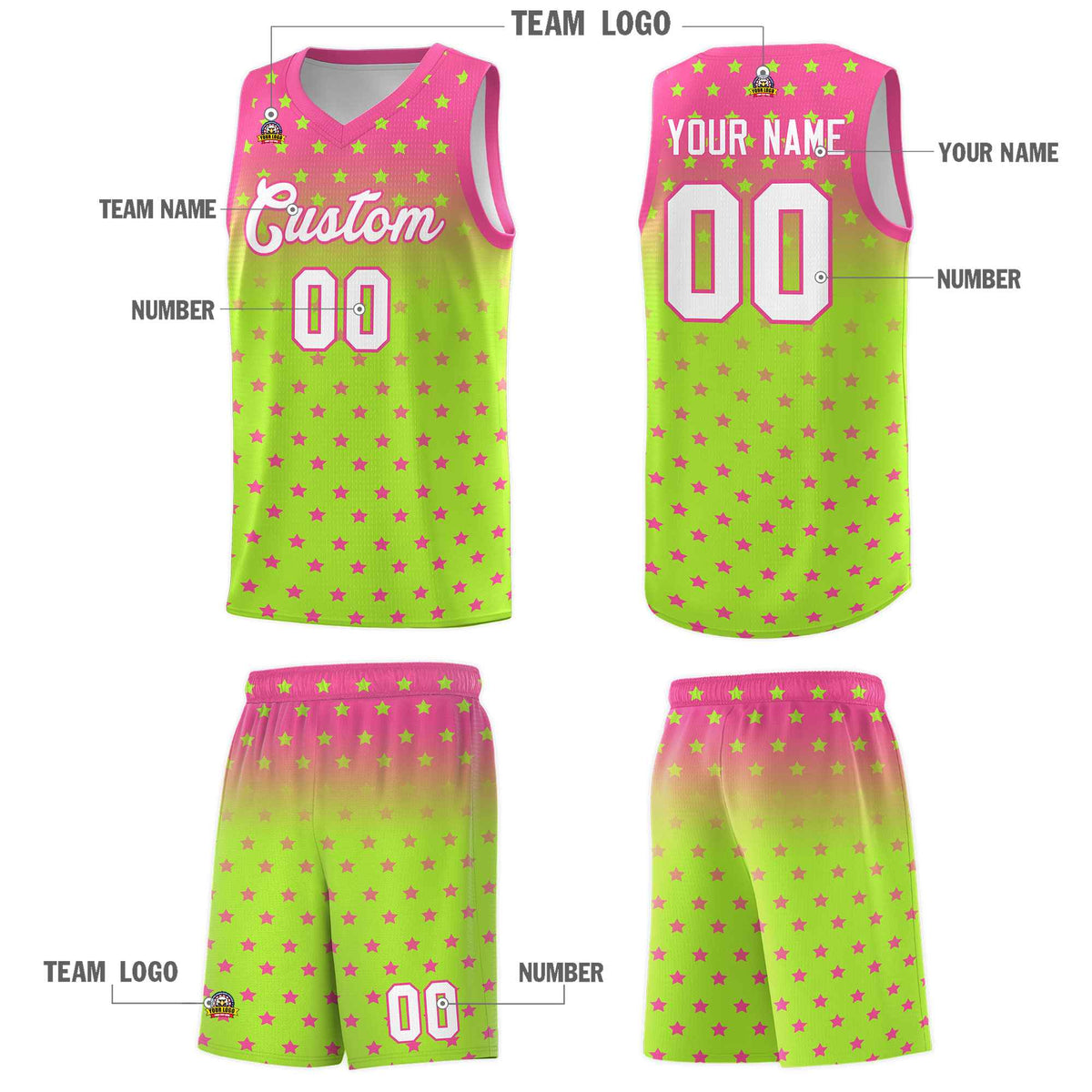 Custom Pink Light Green Gradient Start Pattern Basketball Jersey Sets