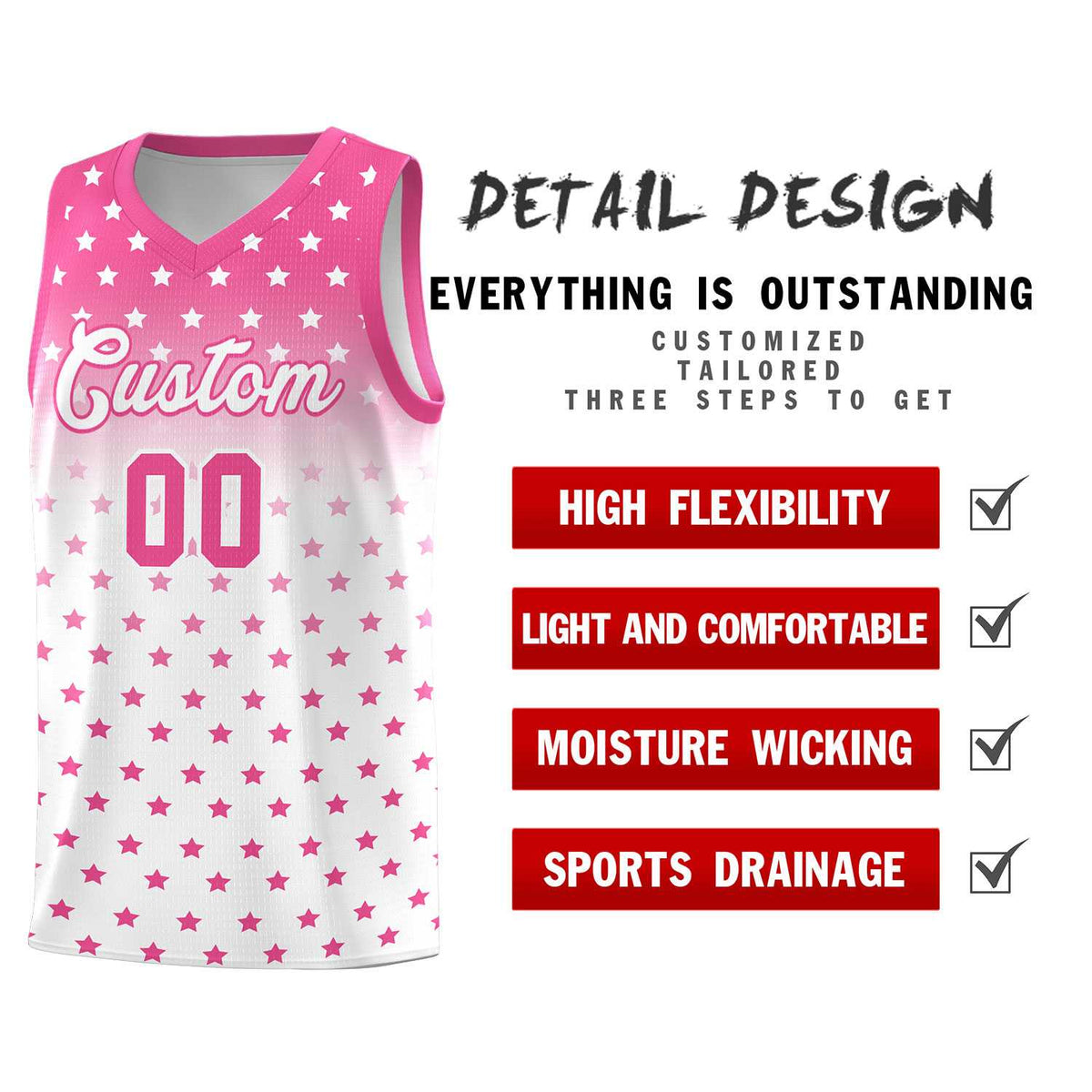 Custom Pink White Gradient Start Pattern Basketball Jersey Sets