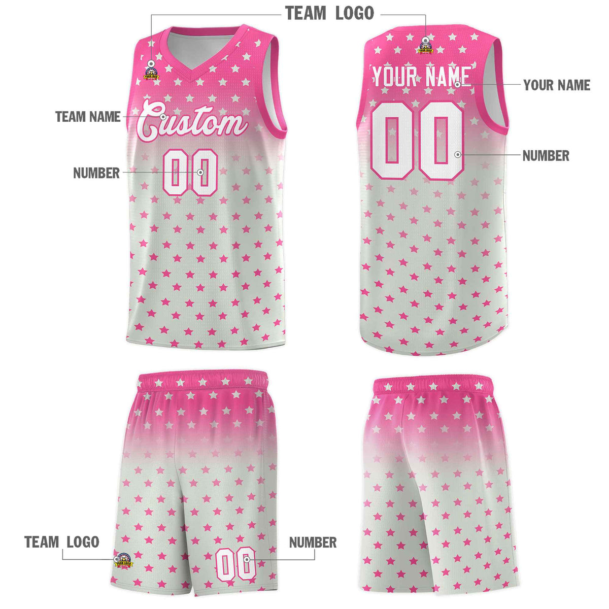 Custom Pink Gray Gradient Start Pattern Basketball Jersey Sets