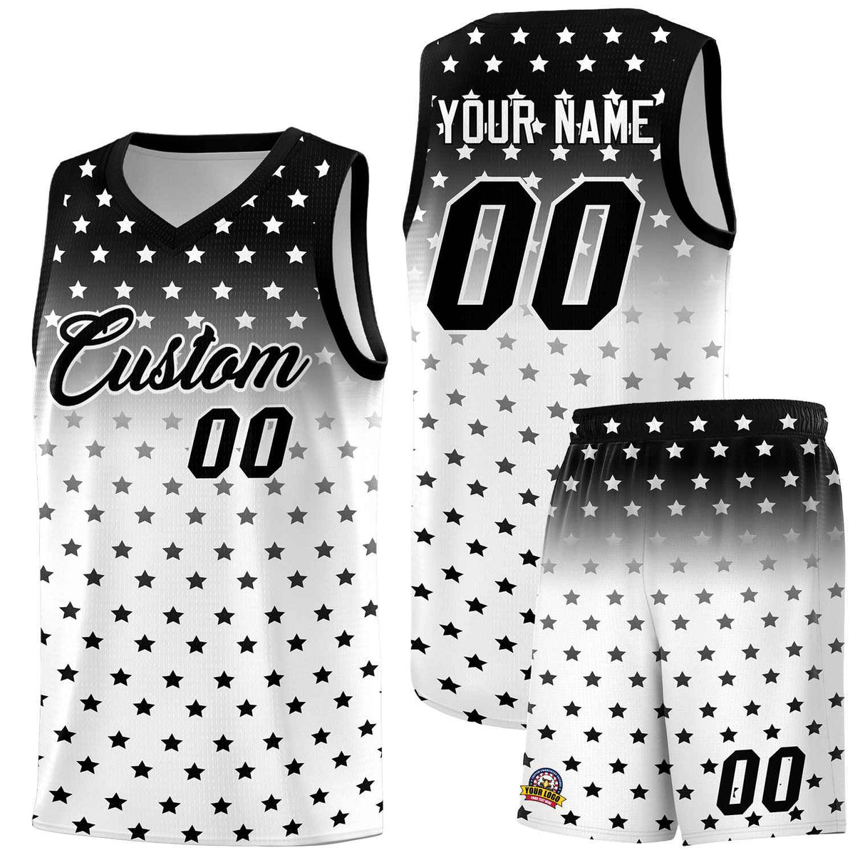 Custom Black White Gradient Start Pattern Basketball Jersey Sets