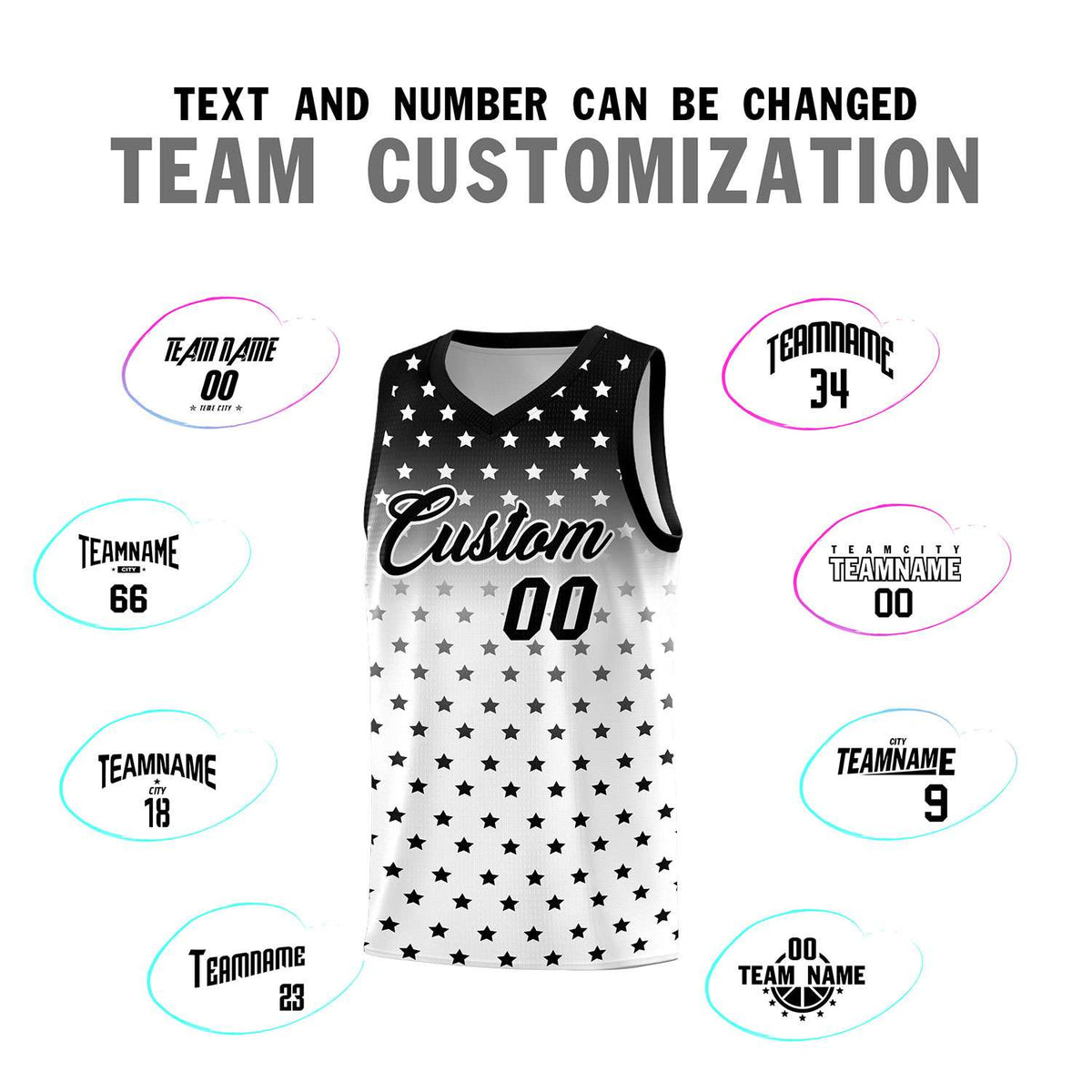 Custom Black White Gradient Start Pattern Basketball Jersey Sets