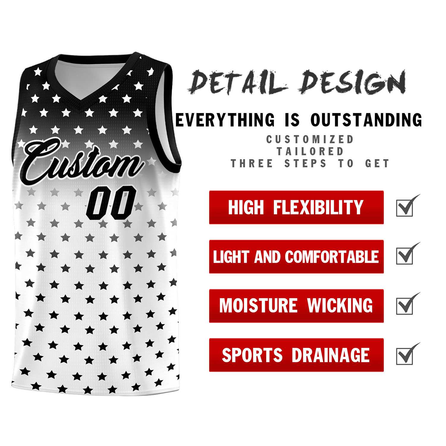 Custom Black White Gradient Start Pattern Basketball Jersey Sets