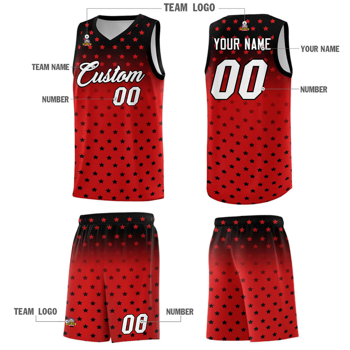 Custom Black Red Gradient Start Pattern Basketball Jersey Sets