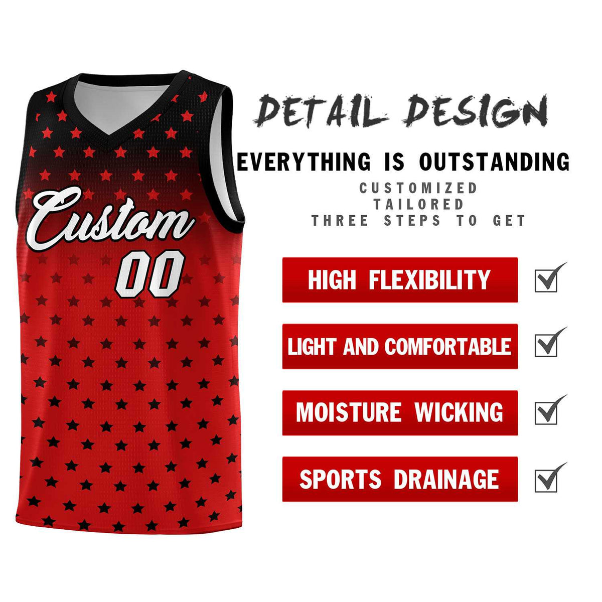 Custom Black Red Gradient Start Pattern Basketball Jersey Sets