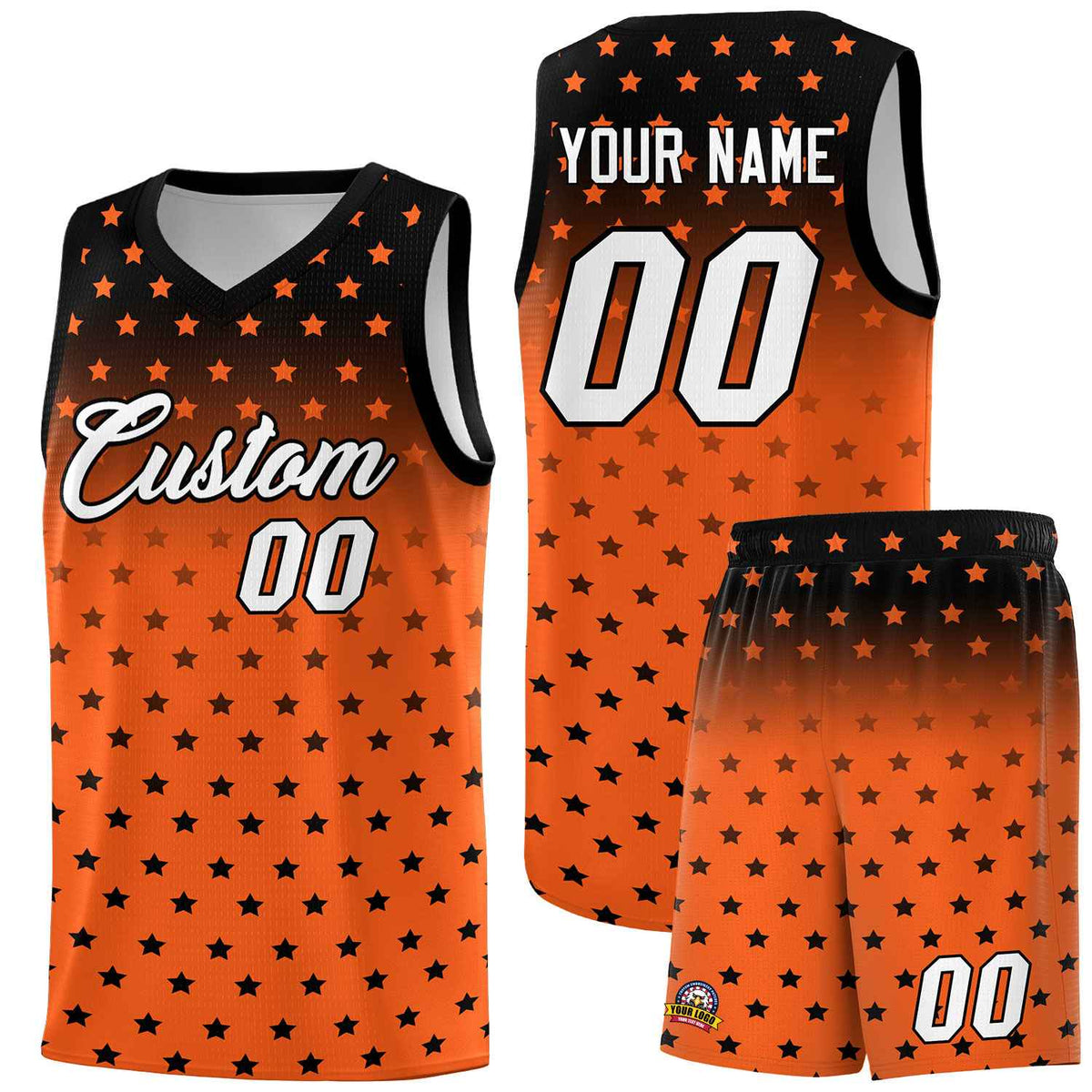 Custom Black Orange Gradient Start Pattern Basketball Jersey Sets