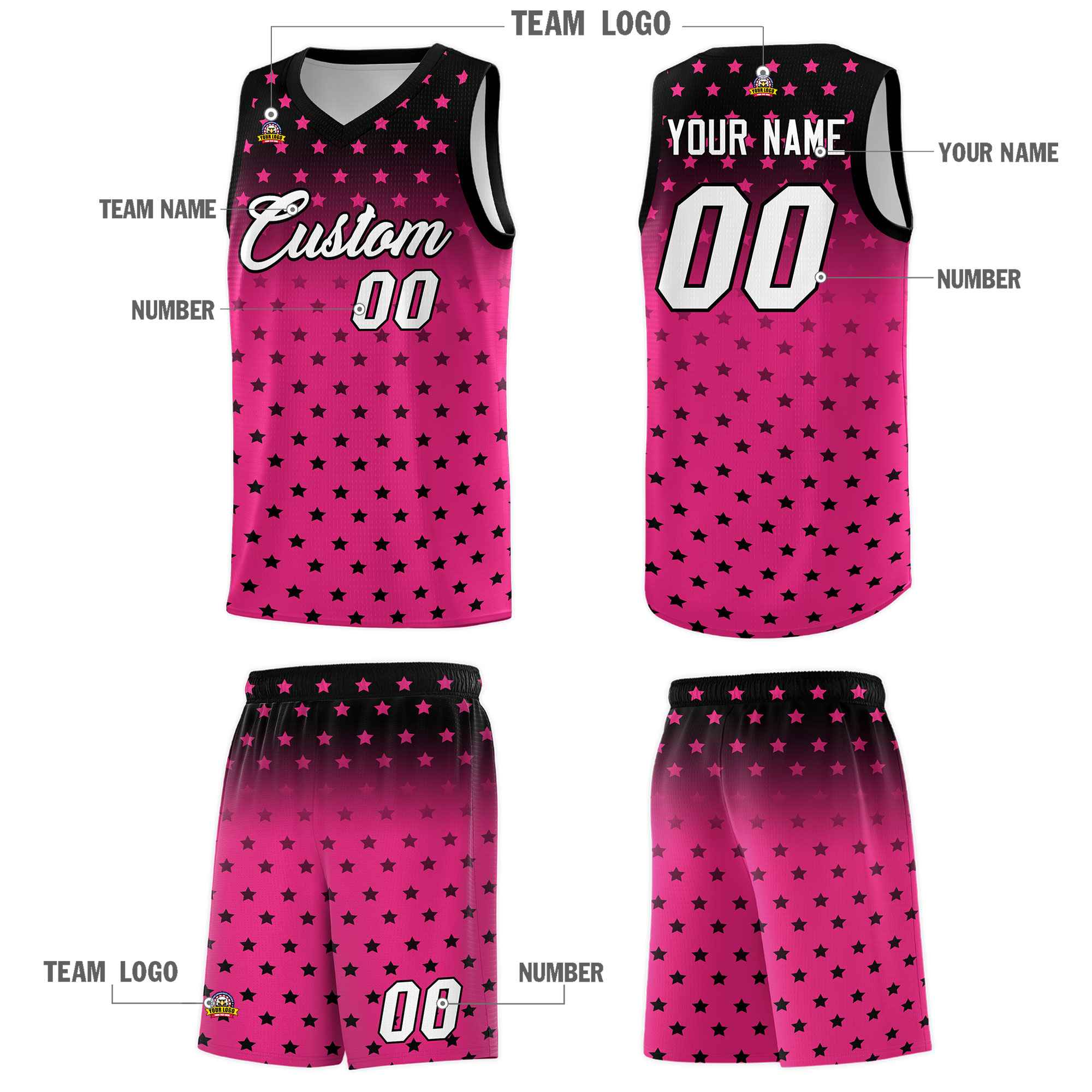 Custom Black Pink Gradient Start Pattern Basketball Jersey Sets