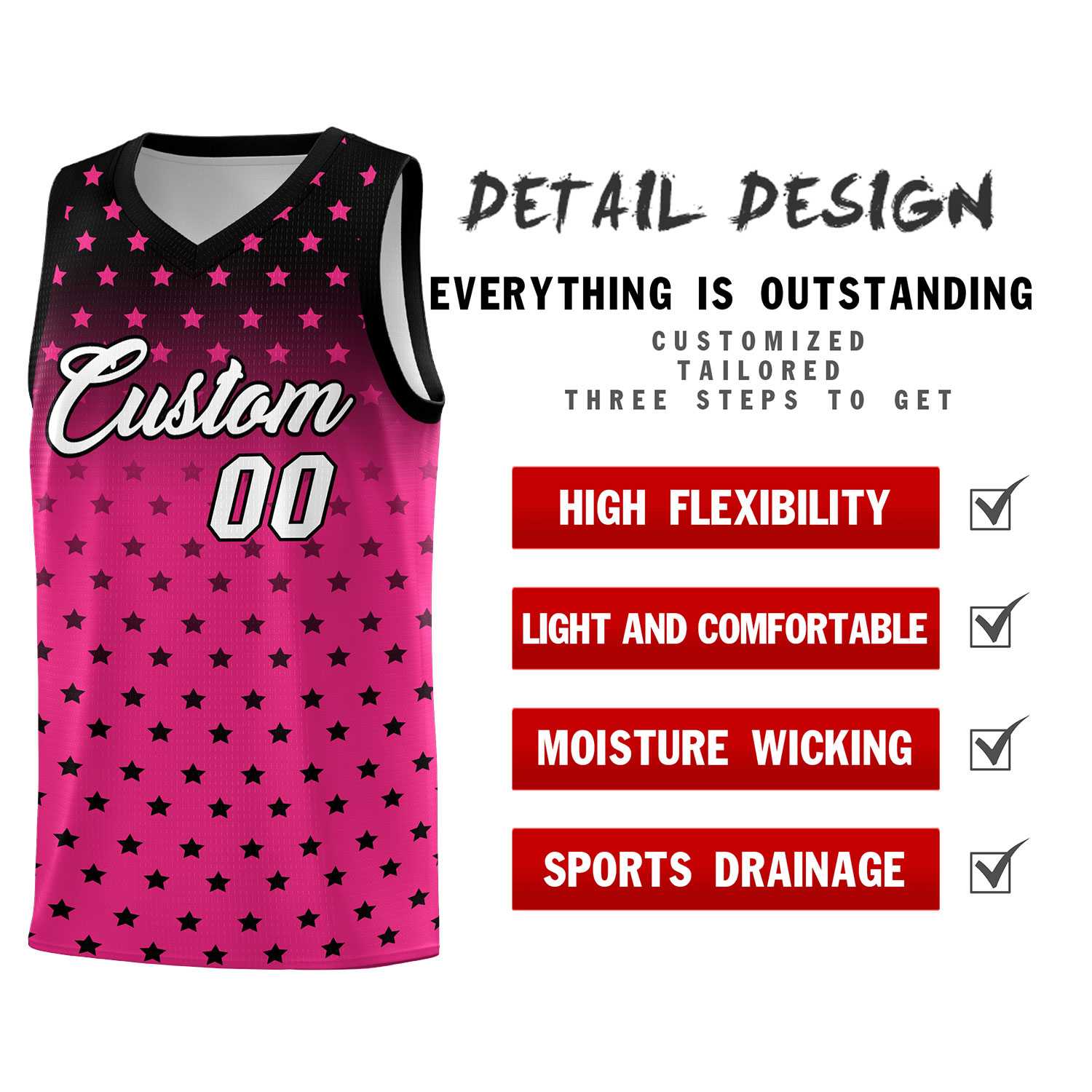 Custom Black Pink Gradient Start Pattern Basketball Jersey Sets