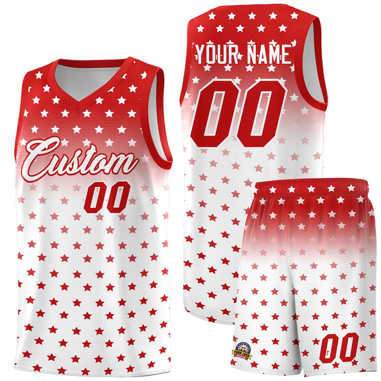 Custom Red White Gradient Start Pattern Basketball Jersey Sets
