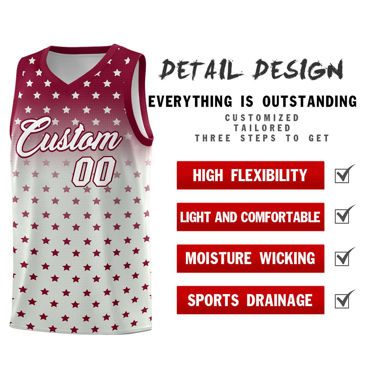Custom Crimson Gray Gradient Start Pattern Basketball Jersey Sets