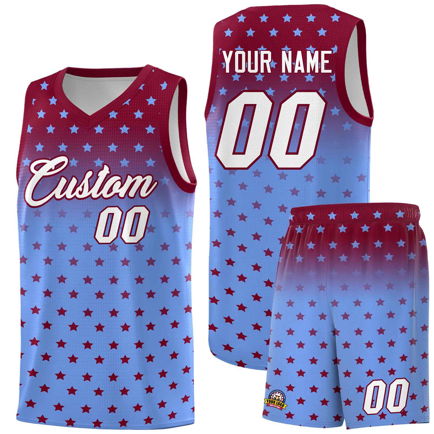 Custom Crimson Light Blue Gradient Start Pattern Basketball Jersey Sets