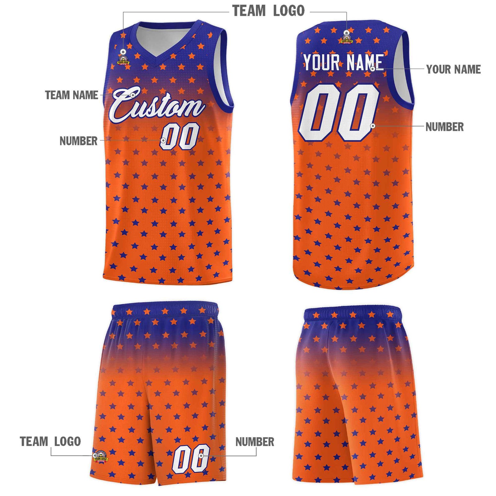 Custom Royal Orange Gradient Start Pattern Basketball Jersey Sets