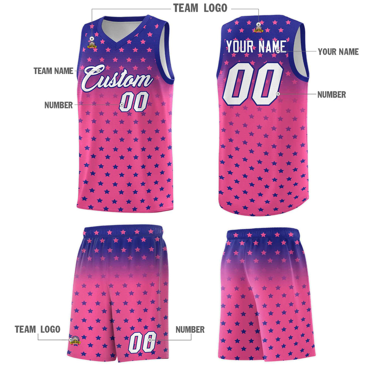 Custom Royal Pink Gradient Start Pattern Basketball Jersey Sets