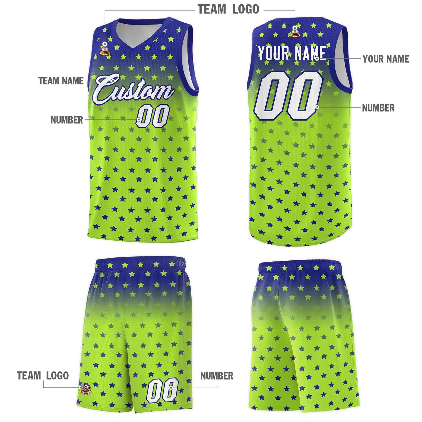 Custom Royal Light Green Gradient Start Pattern Basketball Jersey Sets